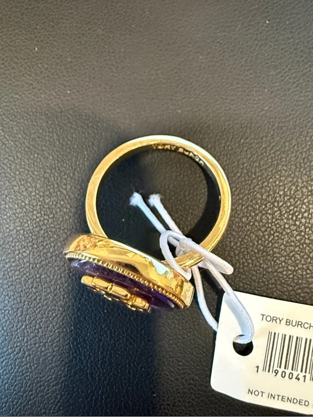 Tory Burch | Gold Plated Logo & Natural Purple Stone Ring | Size 8